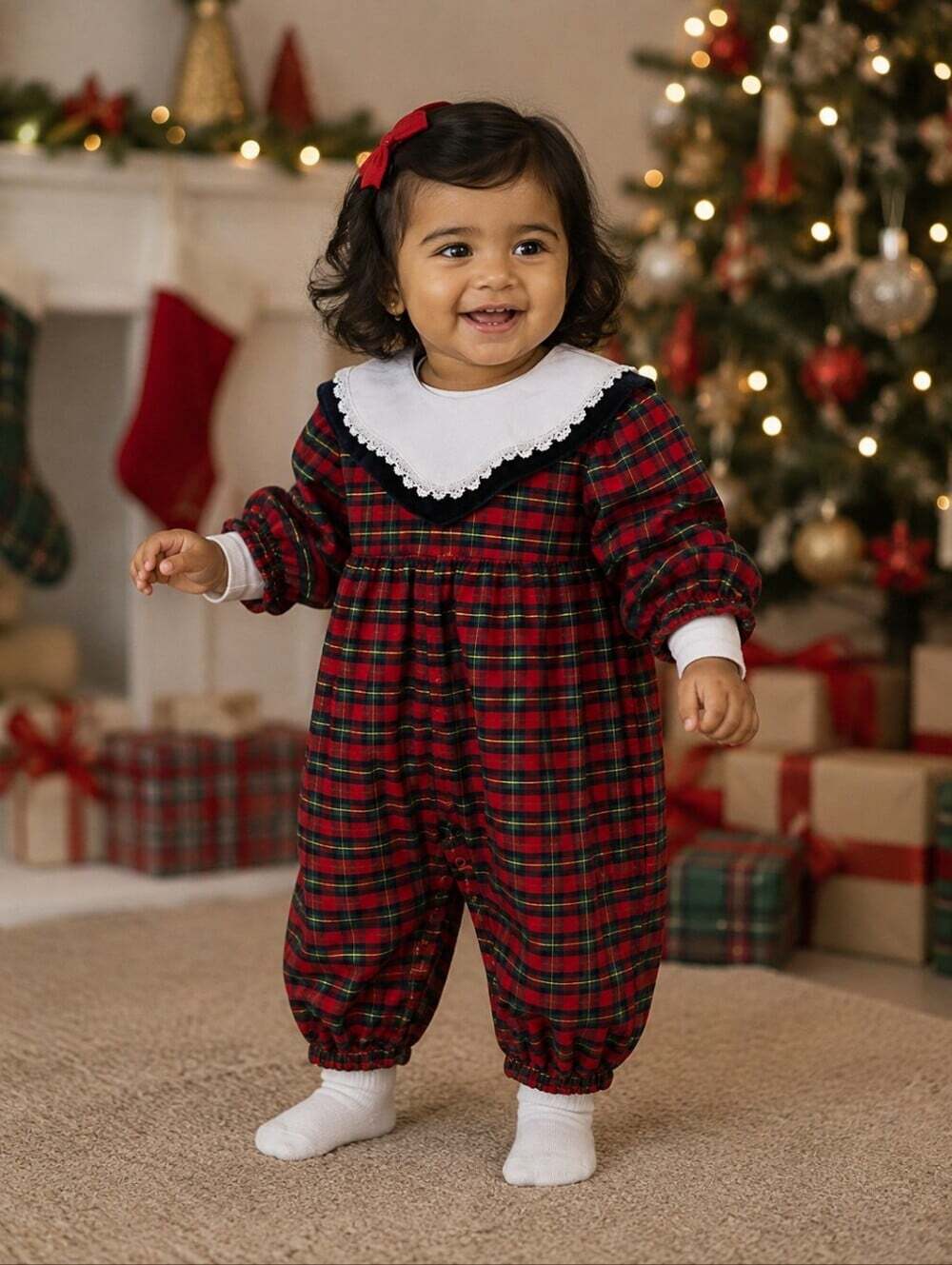 Vintage Claire Bell Baby Tartan Plaid Christmas Romper Peter Pan Collar 18 M